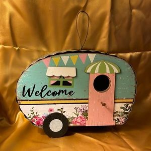 Camper Birdhouse wooden with ridged metal roof like new
